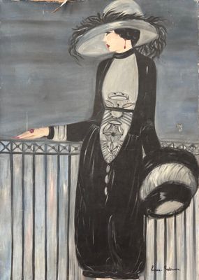 tableau représentant une femme vêtue d'une robe noire et d'un chapeau, debout sur un pont