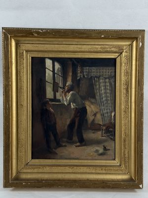 une peinture à l'huile représentant deux hommes dans une pièce avec une fenêtre