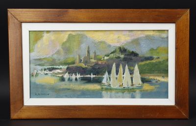une peinture à l'huile représentant des voiliers sur un lac, avec un château en arrière-plan