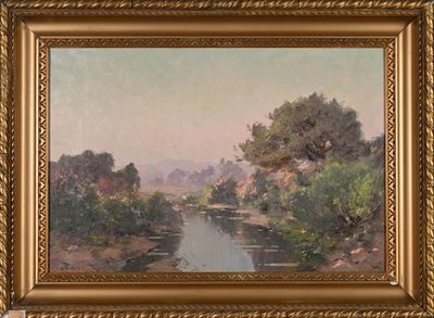 an image of a painting of a river with trees in the background