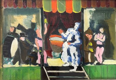 un tableau représentant un homme déguisé en clown sur une scène