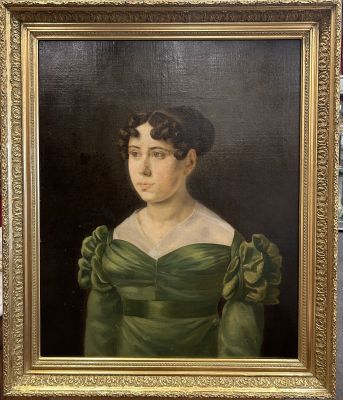 a painting of a woman in a green dress in a gold frame