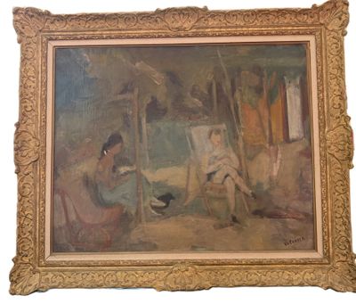 an image of a painting of a woman and a child sitting on a beach