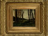 une peinture à l'huile représentant un paysage boisé avec des arbres au premier plan