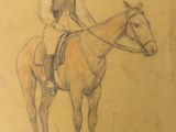 drawing of a man riding a horse with a hat on