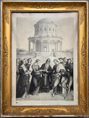 une peinture représentant un groupe de personnes devant un bâtiment