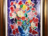 painting of flowers in a blue vase on a purple background
