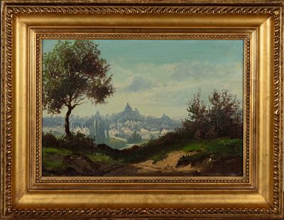 une peinture à l'huile représentant un paysage de montagne avec un arbre solitaire au premier plan