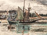 un tableau représentant un bateau sur l'eau, près d'une ville