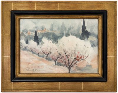 une image d'un tableau représentant un paysage avec des arbres et des bâtiments