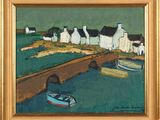 a painting of a boat in the water next to a bridge