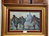 painting of a group of men riding horses in a city