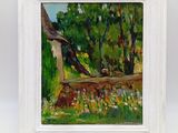 une peinture à l'huile représentant un oiseau perché sur un rebord dans un jardin