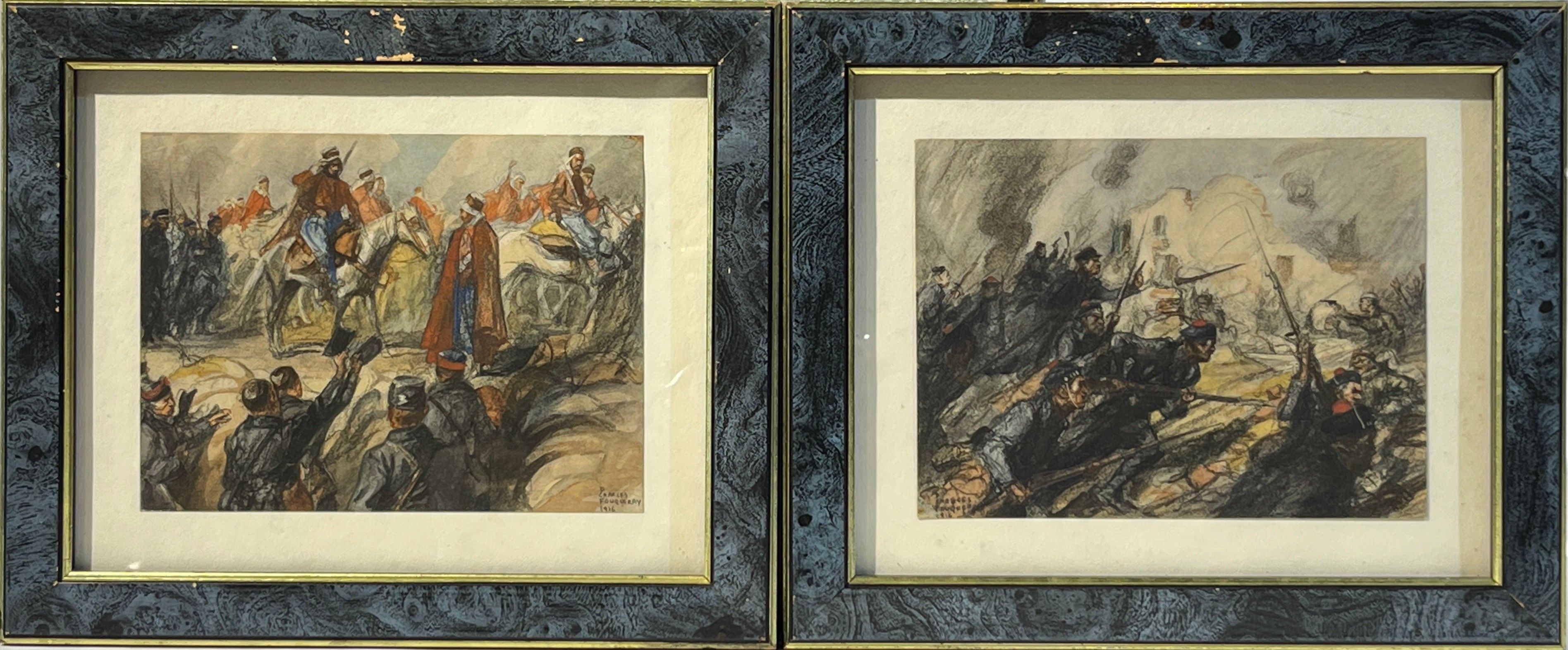 D'après Charles FOUQUERAY (1869-1956). Scènes de bataille. Deux lithographies couleur en pendant. 14,5 x 19 cm.