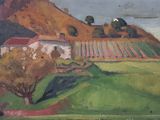 an oil painting of a landscape with a farm and trees