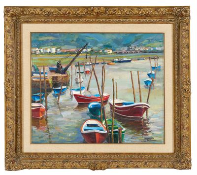 un tableau représentant des bateaux sur l'eau, près du rivage