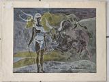 une image représentant un tableau où figurent une femme et un taureau