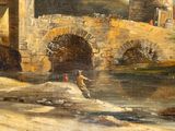 painting of a man riding a horse across a river next to a bridge