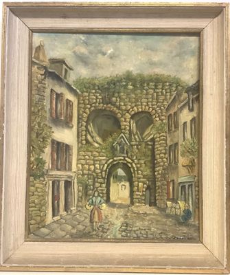 une peinture à l'huile représentant une scène de rue avec un bâtiment et un portail