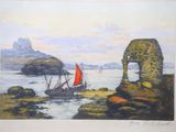 l'image d'une peinture représentant un bateau dans un plan d'eau