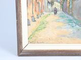 a picture of a painting of a street with people walking down it
