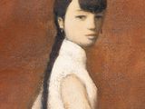 painting of a woman in a white dress sitting on a red chair
