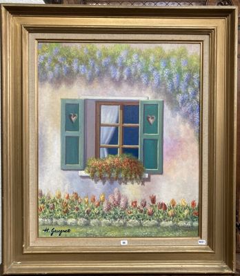 un tableau représentant une fenêtre avec des volets verts et des fleurs