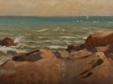 l'image d'une peinture représentant une plage rocheuse avec un voilier au loin