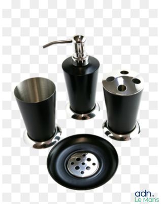 ensemble d'accessoires de salle de bains noir et argent comprenant un distributeur de savon, un porte-brosses à dents, un distributeur de savon, un porte-brosses à dents, un distributeur de savon