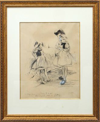 an image of a drawing of two women in dresses and hats