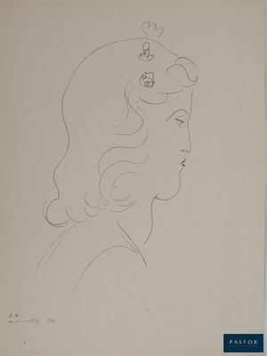 un dessin représentant une femme de profil, coiffée d'une couronne
