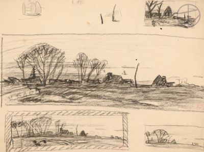 sketches of a landscape with a farm, a house, and a boat
