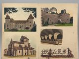 four pictures of a castle and a church on a book