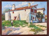 une peinture à l'huile représentant un homme debout devant une maison blanche