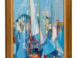 an oil painting of sailboats docked in a harbor on a sunny day