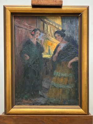 une peinture à l'huile représentant deux femmes debout devant une fenêtre