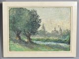 painting of a landscape with trees and a river in the foreground