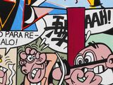 painting of a group of cartoon characters on a black background