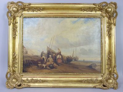 Ecole fin XIXème siècle - "Femmes devant un voilier à marée …