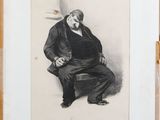 an old drawing of a man sitting on a chair with a cigarette in his mouth