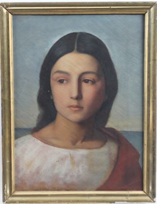 portrait of a young woman in a red shawl by a painting