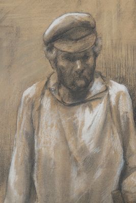 painting of a man in a white shirt and hat holding a knife
