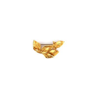 a close up of a gold leaf brooch on a white background