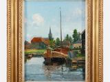 tableau représentant un bateau sur un plan d'eau, avec une église en arrière-plan
