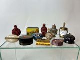 a glass display case with a lot of different items on it