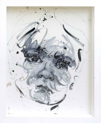 painting of a black and white portrait of a man ' s face in a white frame