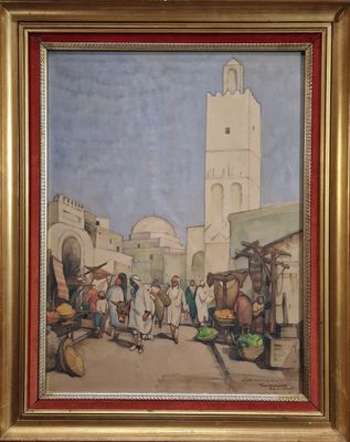 tableau représentant une scène de marché avec une tour horloge en arrière-plan