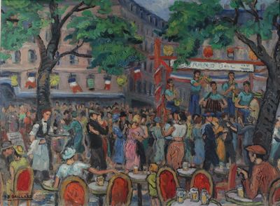 une peinture représentant un groupe de personnes assises à une table