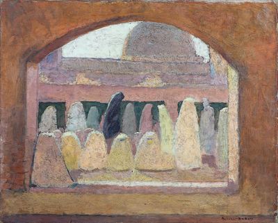 peinture d'un groupe de personnes devant un bâtiment