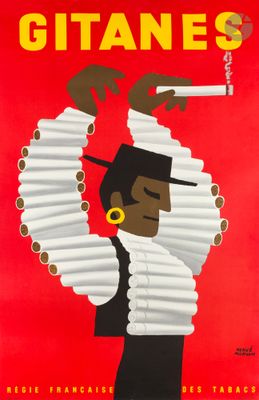 a red poster with a man holding a cigarette in his hand